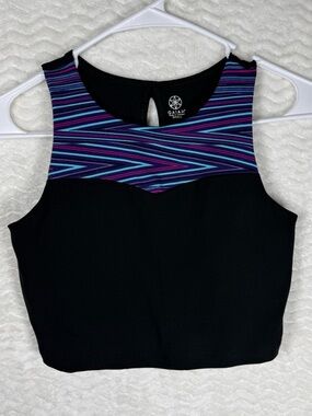 GAIAM Black Sports Bra with Purple and Blue Striped Yoke